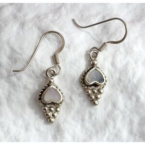 Mother of Pearl Heart Shaped Beaded Dangle Vintage Sterling Silver 925 Earrings